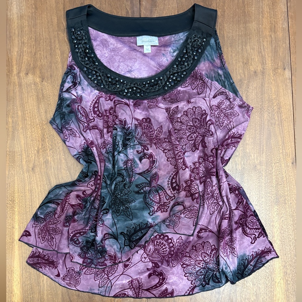 dressbarn Purple and Black Beaded Blouse